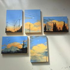 four paintings of power lines in the sky with trees and clouds painted on one side