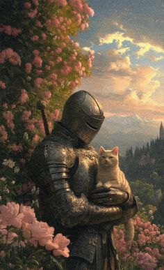 a painting of a knight holding a cat in front of pink flowers and a castle