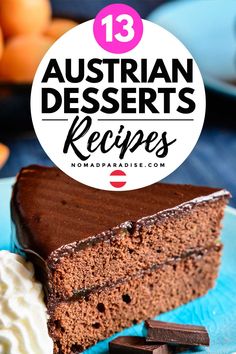 a piece of chocolate cake with whipped cream on top and the title overlay reads 13 australian desserts recipes