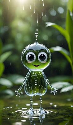 a little frog that is standing in the water with its eyes wide open and rain falling down