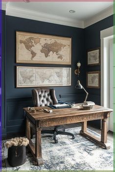 a desk with a chair and a map on the wall