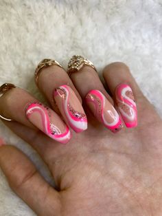 Pink and Glitter Swirl Nails Etsy Nail Swirls, Pink Swirl Nails, Pink Oval Nails, Nails Amazon, Nails Swirl, Swirl Nail, Pattern Nails, Swirl Nail Art, Trend Nails