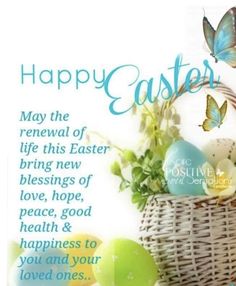 an easter card with eggs in a basket and butterflies flying around it, on a white background