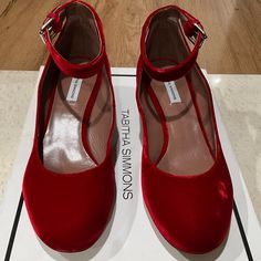 Tabitha Simmons Martha Velvet Mary Jane Ankle-Strap Block-Heel Pumps In Red Size: 38.5b | Brand New | With Box | Retails For $695 By: Tabitha Simmons Velvet Pumps, Ankle Strap Block Heel, Tabitha Simmons, Heel Pumps, Mary Janes, Red Velvet, Block Heels, Ankle Strap, Pumps