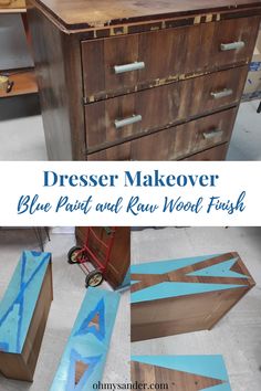 dresser makeover with blue paint and raw wood finish on the top, bottom and bottom