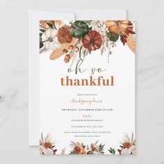 an elegant thanksgiving party card with flowers and leaves