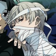 two anime characters one with white hair and the other wearing black, standing next to each other