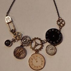 Clockwork Shaped Pendant Necklace Metal Chain Several Sizes And Colors Of Clocks & Rotors On The Pendant Part Total Length Of Chain: 15" (Adjustable Up To 18") Made In Turkey / Imported Big Necklaces, Clock Jewelry, Clock Necklace, Mad Hatter Costume, Altered Art Jewelry, Big Necklace, Steam Punk Jewelry, Funky Jewelry, Metal Necklaces