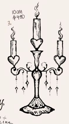 a drawing of a candelabra with hearts hanging from it's sides