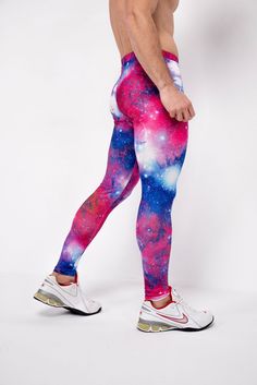 Description: Pink & Blue Galaxy Print Men's Leggings Breathable & Moisture Wicking 4-Way Stretch Fabric Machine Wash Cold, Quick Drying High Stretch Spandex / Polyester Bolt Logo Patch This design does not have pockets Model is 6’2’’ (189cm) tall, 34’’ (86cm) waist and wears size Large. Aerobic Outfits, Leggings For Men, Bolt Logo, Acid Jazz, Galaxy Leggings, Blue Galaxy, Mens Leggings, Galaxy Print, Compression Shorts