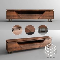 the sideboard is made out of wood and has three different angles to show it