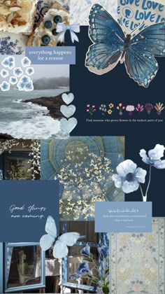 blue and white collage with butterflies, flowers, and hearts