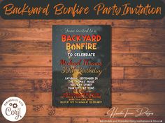 the back yard bonfire birthday party invitation is displayed on a wooden table with an orange and black background