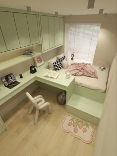 a room with a bed, desk and chair next to a window on the wall