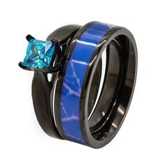 two rings with blue and black ceramic inlays, one has a diamond on the side