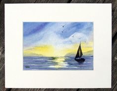 a watercolor painting of a sailboat in the ocean at sunset with birds flying overhead