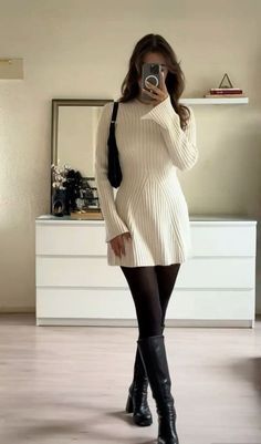 Thanksgiving Outfit Elegant, Thanksgiving Outfit With White Boots, White Knitted Dress Outfit, Thanksgiving Outfit With Boots, Christmas Clothes Ideas For Women, Business Casual Outfits Winter Women, Thanksgiving Outfit For Women, Classy But Edgy Outfits, Soft Elegant Outfit