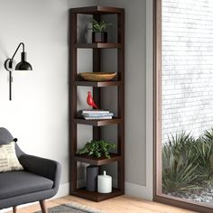 a living room filled with furniture and a planter on top of a book shelf