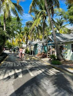 people are walking down the street in front of small houses with palm trees on either side