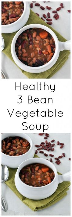 three different bowls filled with beans and vegetables