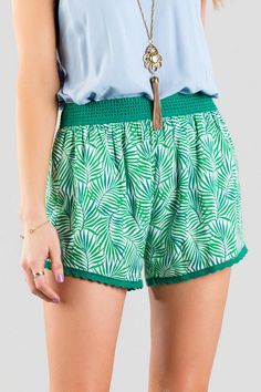 These shorts paired with a white cover up on the beach <3 <3 Beach Attire, White Cover, Beach Ready, Shopping Ideas, Spring Wardrobe, Crochet Trim, Soft Shorts, Green Leaf