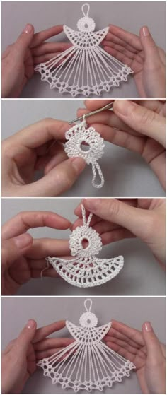 crocheted angel ornament is shown in three different views, including the top and bottom