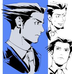 three different avatars in black and white, one with short hair the other with blue eyes