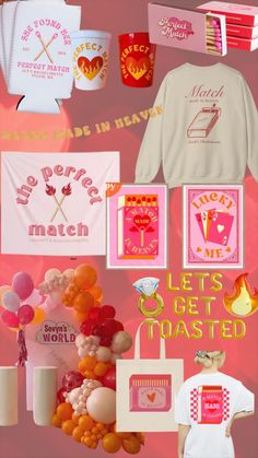 a collage of pink and red items with the words let's get married