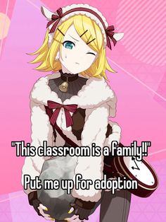 an anime character with blonde hair and blue eyes, wearing a fur coat that says this classroom