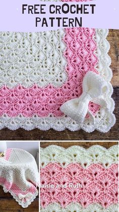 the crocheted blanket is shown with pink and white stripes on it, and there are