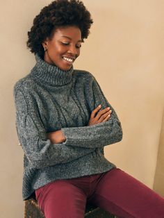 Whether you're sipping cocoa slopeside or in the city getting your holiday shopping done, this deliciously soft sweater was made for winter moments. The chunky cable knit and extra cozy turtleneck styling is a must-have whether you're throwing it on over sweats or winter white bottoms for a more refined look. Fit: Relaxed fit  Detail: Long sleeve fold over turtle neck. Cable and waffle stitch details. Material: 70% Alpaca, 23% Polyamide, 7% Merino Wool Model: Miracle is 5’10 wearing size Small, Ashley is 5'9 wearing size XL Care: Dry Clean. Do not Bleach. WYH2311-CCL Womens Packing List, Turtleneck Styling, Over Sweating, White Bottoms, Waffle Stitch, Chunky Cable Knit, Soft Sweater, Holiday Shopping, Sweater Sale