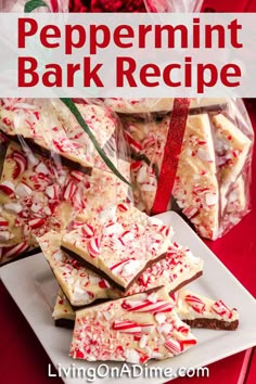 white chocolate peppermint barkies with candy canes on a plate and christmas decorations in the background