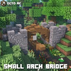 small arch bridge in the middle of a forest with flowers and trees around it for minecraft