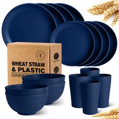 blue dinnerware set with wheat stalks and cardboard box