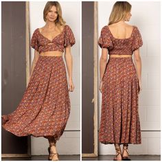 Effortless Feminine Boho Chic Style ! Shop Neighbor By In The Beggining. Step Into Summer In Style With This Beautiful 2-Piece Maxi Skirt Set ! Made Of Quality Lightweight Material That's Perfect For Warmer Weather. Rust Color With Dainty Feminine Floral Pattern. Crop Top Has Front Sweet Heart Neckline And Cut Out Detail That Adds A Flirty Touch. The Back Is Smocked And Stretchy For Fit And Comfort. Maxi Skirt Has A Femine Tiered Style And Flows Effortlessly! The Perefect 2-Piece Set For This Se Two Piece Maxi Skirt Set Boho, Spring Sets With Flowy Long Skirt, Two Piece Skirt Set Crop Tops, Two-piece Flowy Maxi Skirt, Matching Set Skirt, Two-piece Maxi Skirt For Beach Spring Season, Bohemian Non-stretch Maxi Skirt For Day Out, Pattern Crop Top, Matching Skirt Set