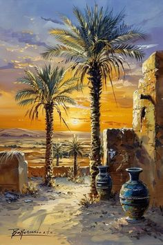 a painting of two palm trees in the desert