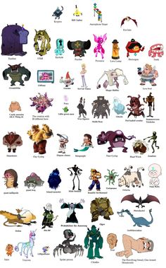 an image of many different cartoon characters in the same style and color, each with their own character's name