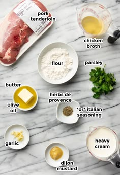 ingredients to make chicken broth laid out on a marble counter top with text describing the ingredients