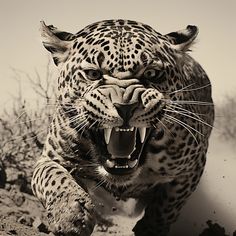 a black and white photo of a leopard running in the dirt with it's mouth open