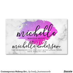 makeup artist business card with pink lipstick on white marble and black ink, the logo is for