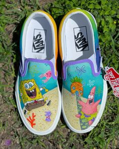 Vibrant, detailed, and high quality! I'm ready, I'm ready, I'm ready! Spongebob custom shoes are by far my favorite to paint. It was my favorite show growing up and now my favorite order to fufill. Professional grade products are used on all orders. They are sealed when finished, preventing the paint from chipping, cracking, or peeling. These custom shoes are 100% wearable. To clean, just wipe away with a rag and some water.  **PRICES VARY but stay in general range. Fun Hand Painted High-top Custom Sneakers, Fun Custom Sneakers With Rubber Sole, Hand Painted Fun Custom Sneakers With Round Toe, Spongebob Shoes, Disney Painted Shoes, Artsy Shoes, Teacher Shoes, Minnie Mouse Shoes, Painted Canvas Shoes