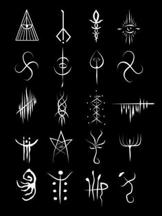 the symbols for different types of tattoos are shown in white ink on a black background