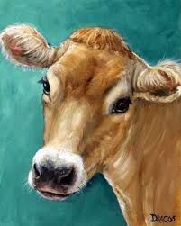 a painting of a brown cow on a blue background