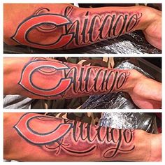 three different tattoos with the words chicago and chicago written in black ink on their arms