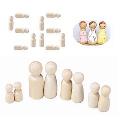 wooden peg dolls and other wood toys on a white background