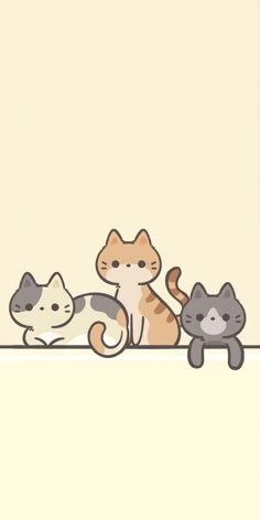 three cats are sitting on the edge of a wall with one cat looking at another