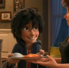 an animated character is holding a plate with food on it and talking to another character