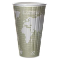 a green and white cup with the world map on it