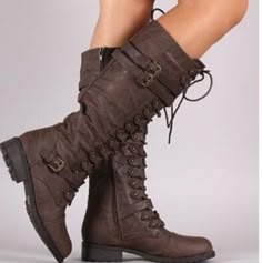 Moto Style Knee High Boots. Faux-Leather Material. Felted Inner Lining. Zipper Size Closure. Chorded Ties. Buckle Details. Rubber Sole Bottom. Retails $125-$250 New!! In Packaging Dark Chocolate Brown Color. Size 4-4 1/2 ( 34 ) European Sizing. White Combat Boots Outfit, Casual Boots Women, Boots Women Casual, High Combat Boots, Knee High Combat Boots, Combat Boot Outfit, Plus Size Boots, White Combat Boots, Pirate Boots