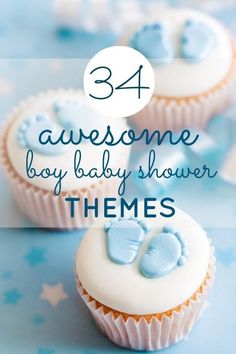 three cupcakes with white frosting and blue icing on them, the title says 34 awesome baby shower themes